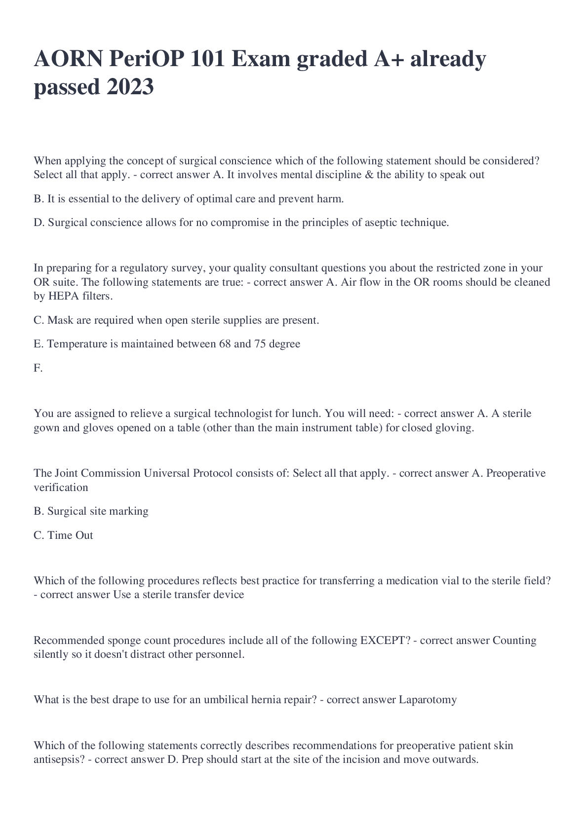 Preview image for AORN PeriOP 101 Exam graded A+ already passed 2023